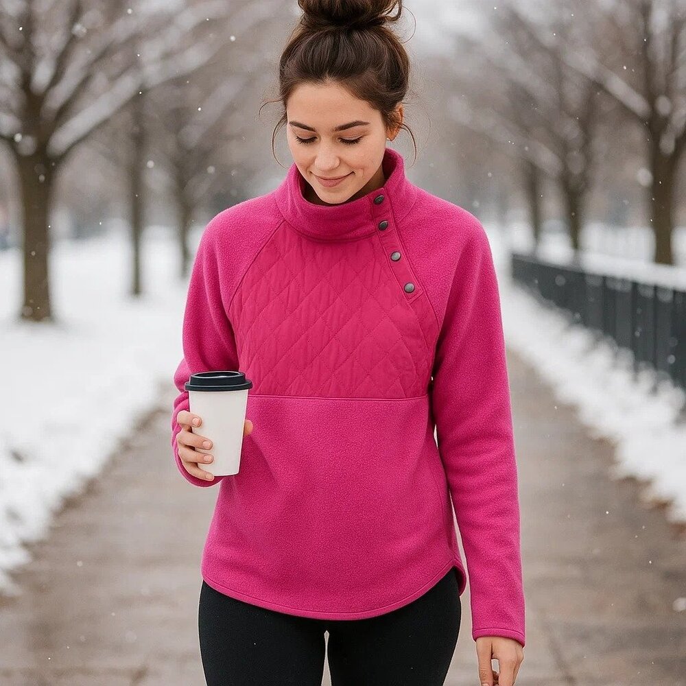 J. Crew Quilted Button Neck Women Fleece Long Sleeved Pullover XS Pink Cozy Prep